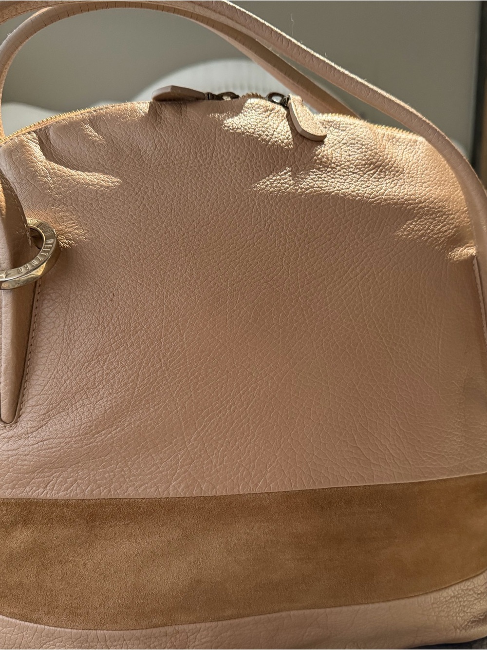 Stuart Weitzman Beige Leather and Suede Bucket Bag with Brown Patterned Lining